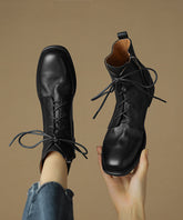 Brown Boots Chunky Cowhide Leather Fashion Splicing Cross Strap